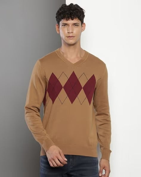 TH Men L/S Cotton Diamond Check V-N Jersey AT-SB-78J9352