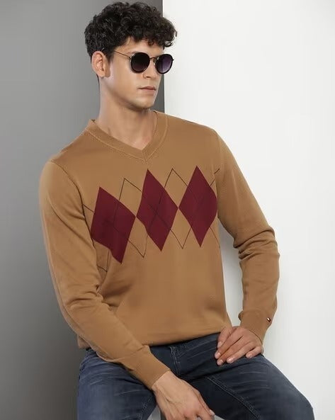 TH Men L/S Cotton Diamond Check V-N Jersey AT-SB-78J9352