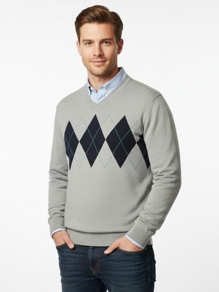TH Men L/S Cotton Diamond Check V-N Jersey AT-SB-78J9352