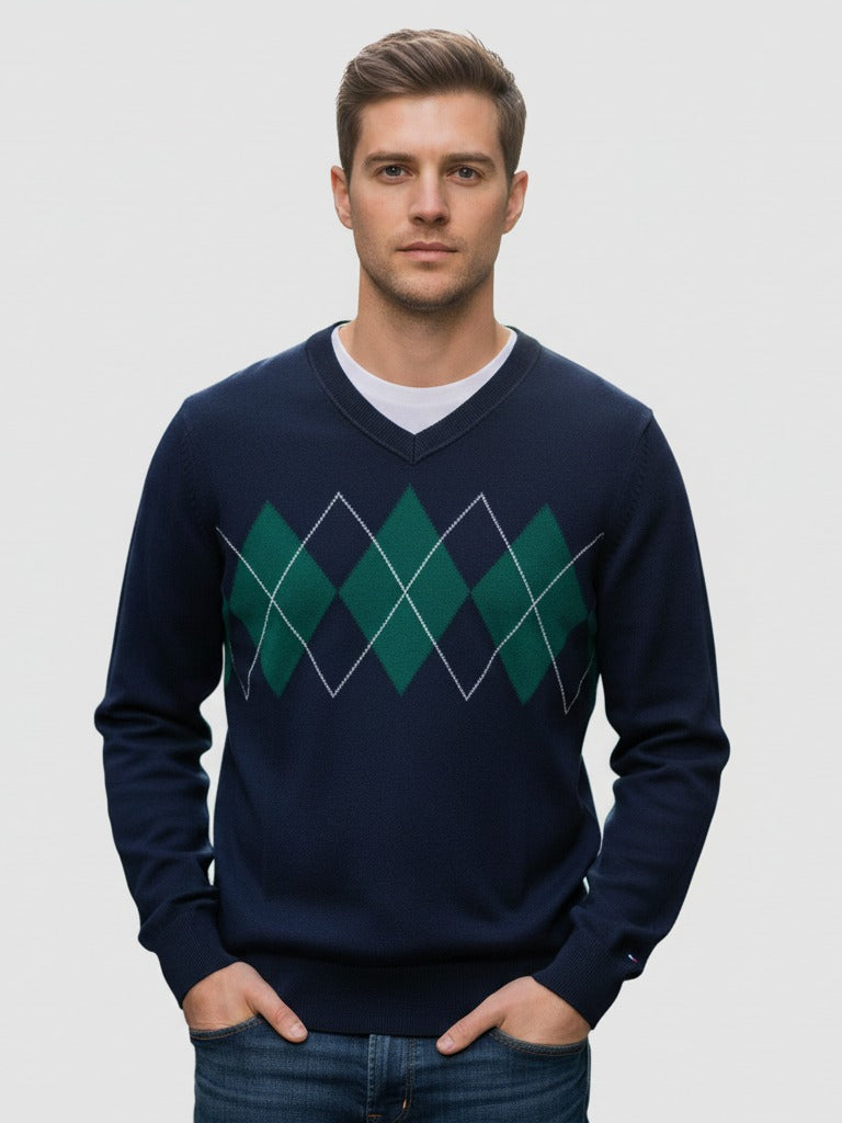 TH Men L/S Cotton Diamond Check V-N Jersey AT-SB-78J9352