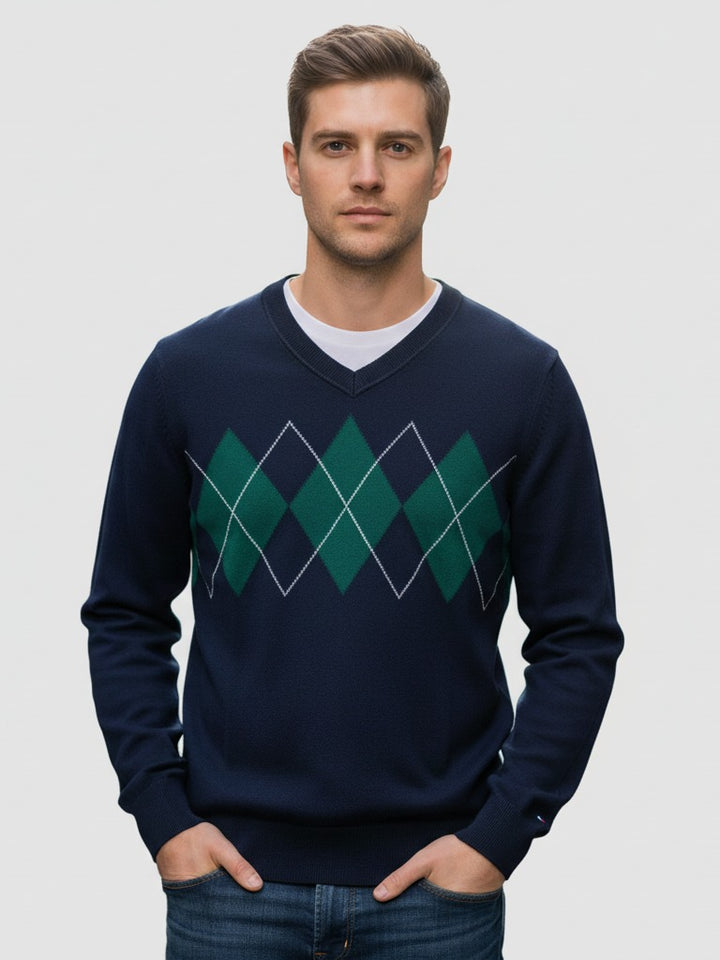 TH Men L/S Cotton Diamond Check V-N Jersey AT-SB-78J9352