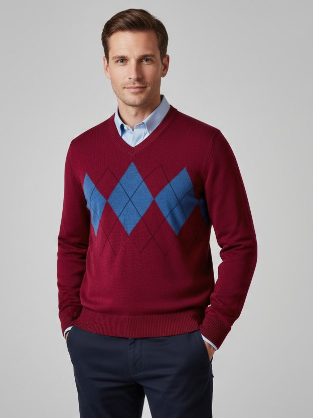 TH Men L/S Cotton Diamond Check V-N Jersey AT-SB-78J9352