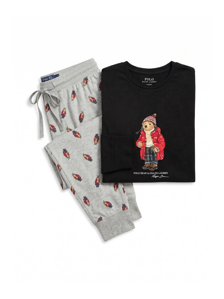 RL Men L/S (Bear Print )T-Shirt With Pajama (Black)