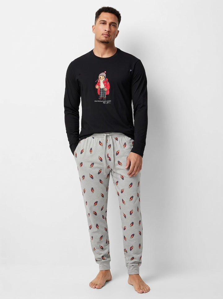 RL Men L/S (Bear Print )T-Shirt With Pajama (Black)