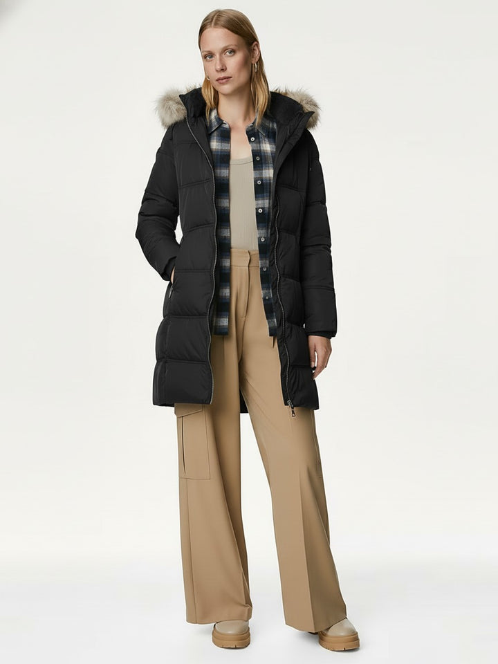 M&S Ladies Thermo Warmth Mid Long Hooded Puffer Jacket T49/4609 (Black)