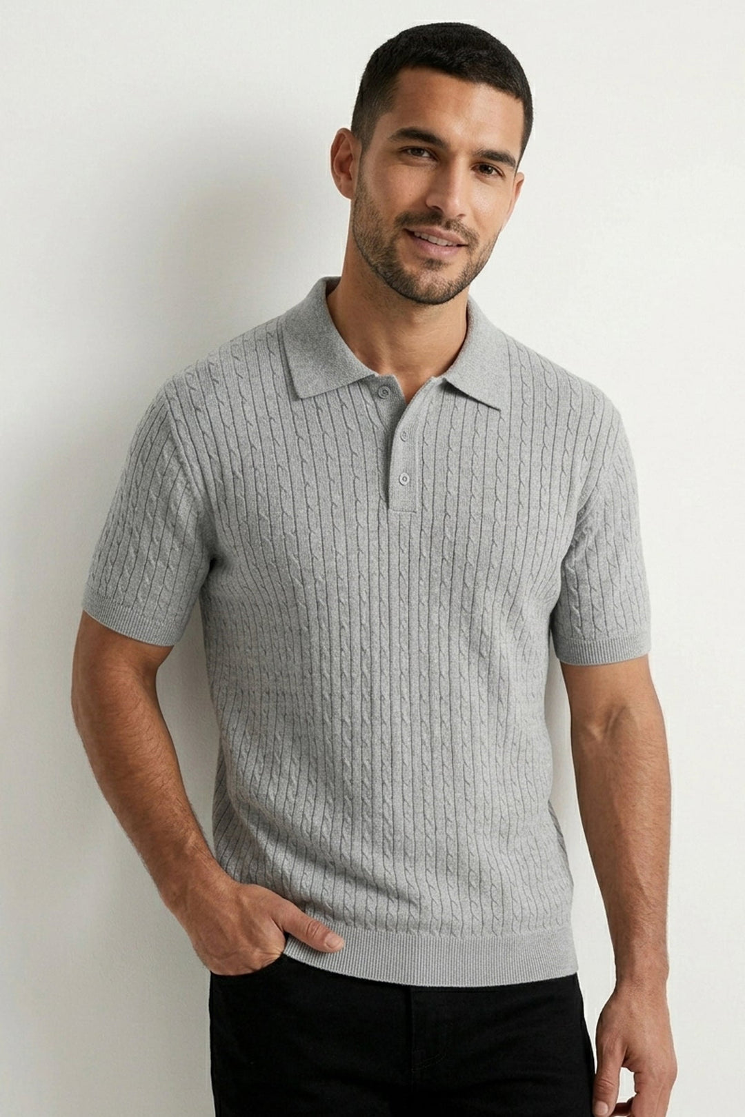 Cable Knitted Polo Short Sleeve Shirt