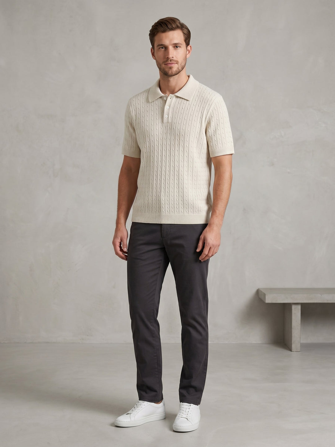 Cable Knitted Polo Short Sleeve Shirt
