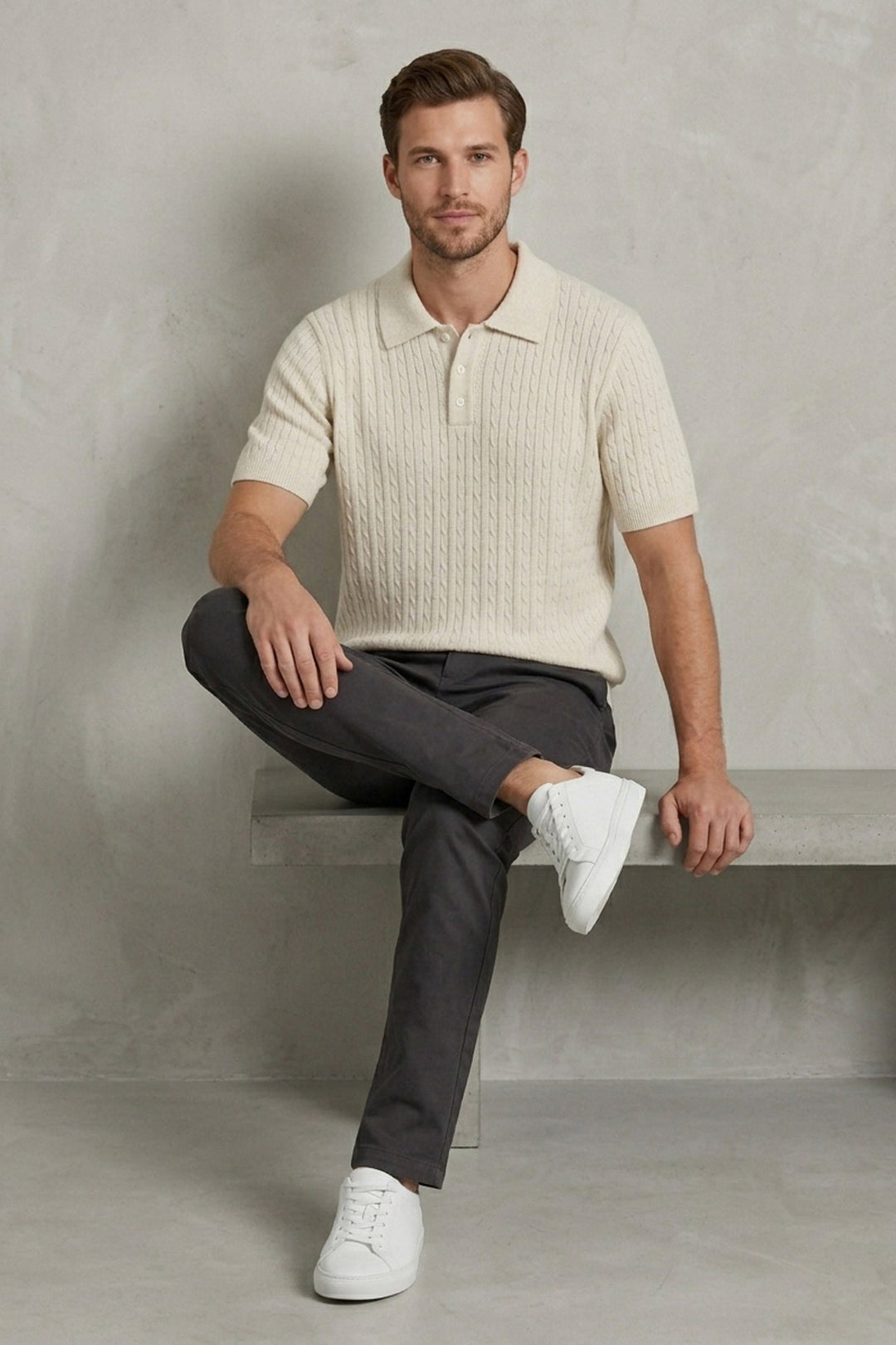 Cable Knitted Polo Short Sleeve Shirt