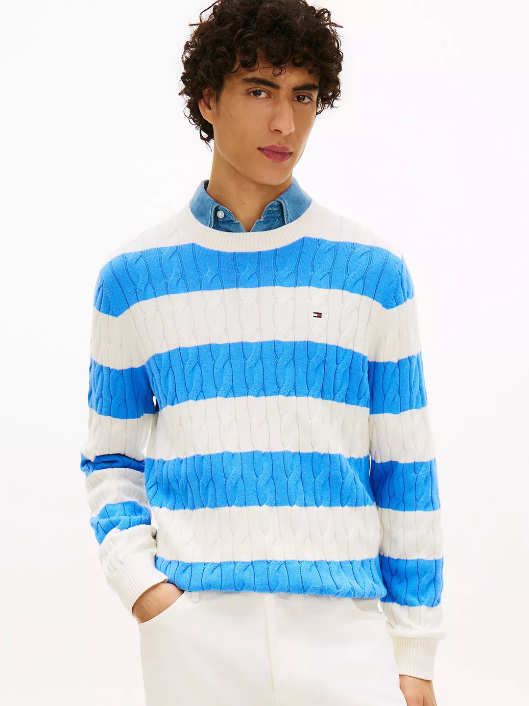 TH Men L/S R-Neck Stripe Cable Knit Jersey MT-XM07284