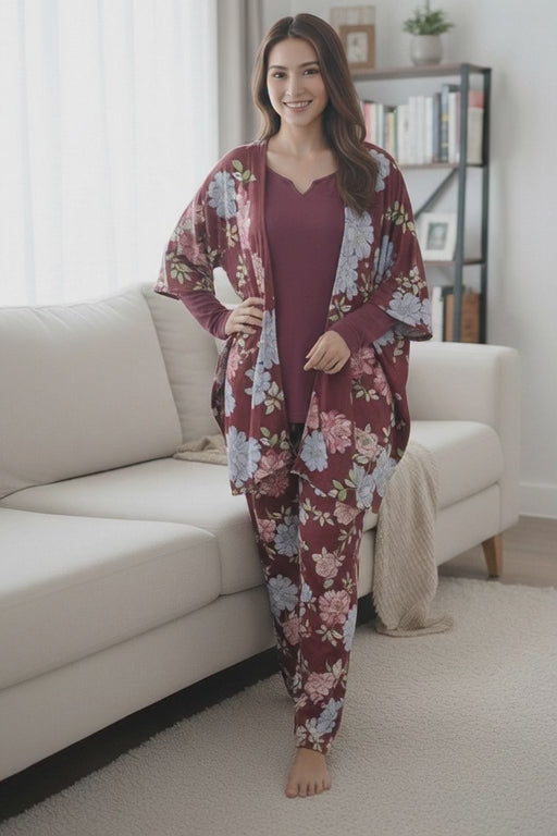 Liz Claiborne 3 Pcs Printed Sleep Set (Maroon)