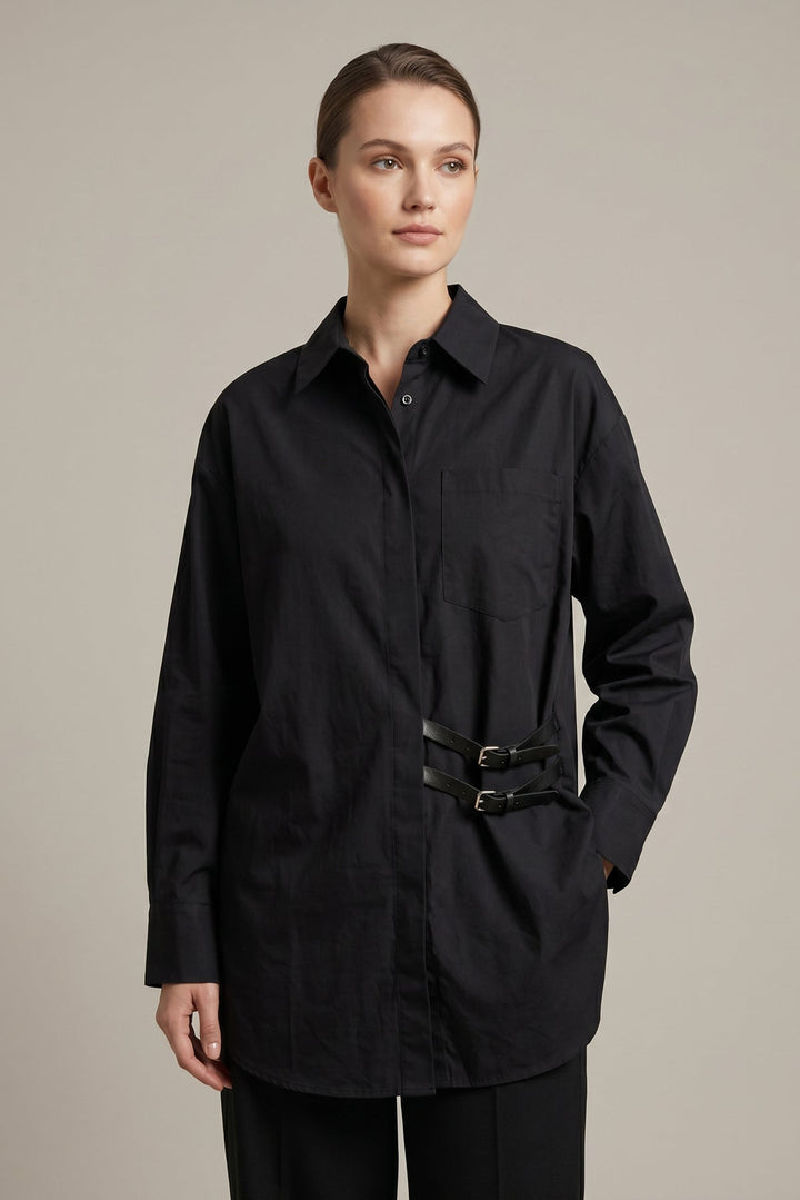 Modern Oversized Black Shirt with Double Buckle Detail