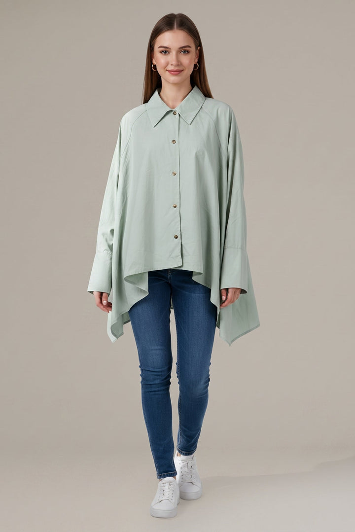 Oversized Mint Green High-Low Button-Down Shirt