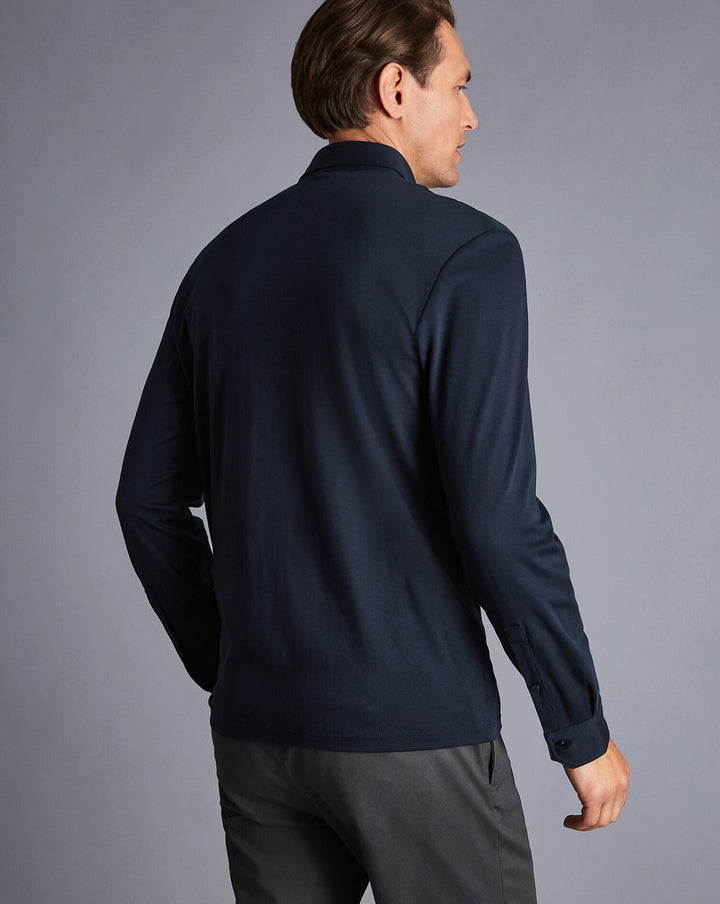 Navy Blue Plain Long Sleeve Jersey Polo