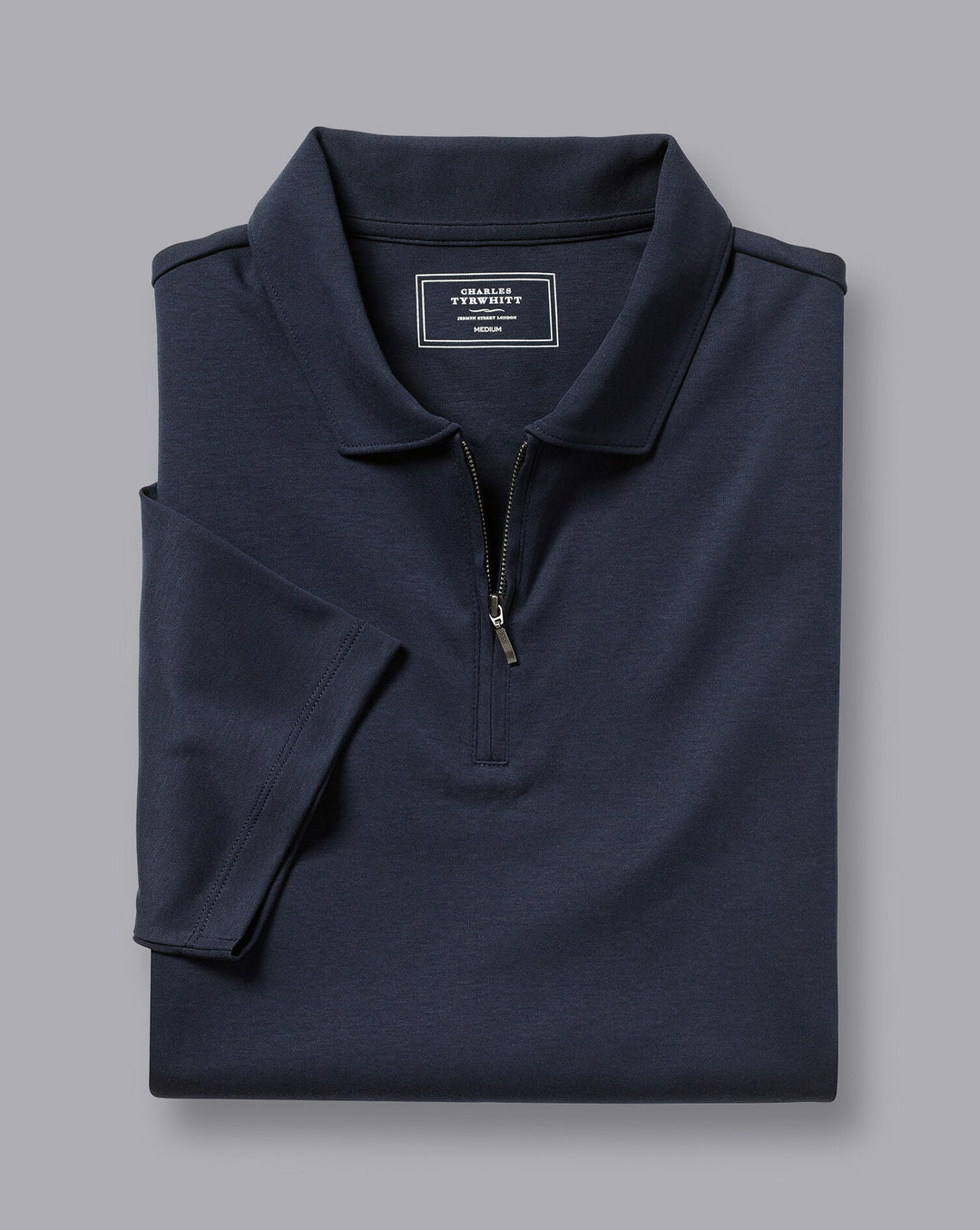 Navy Blue Plain Short Sleeve Zip Jersey Polo
