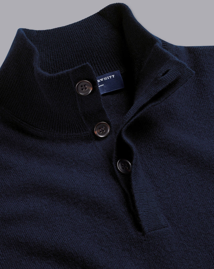 Navy Blue Merino/Cashmere Button Neck Jumper