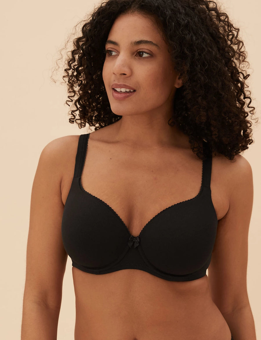 M&S Cotton Rich UnderWired Padded Full Cup T Shirt Bra In BLACK